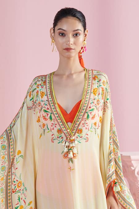 Buy_Mandira Wirk - Indian_Ivory Crepe Tassels, Beads Plunge Neck Iznik Print Kaftan With Bralette _Online_at_Aza_Fashions