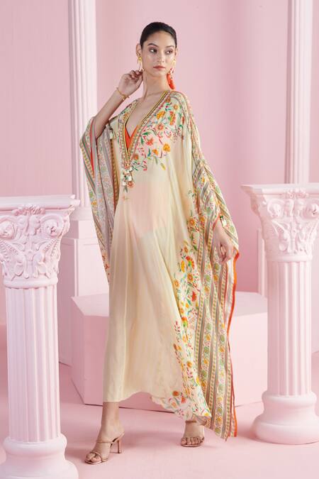 Mandira Wirk - Indian_Ivory Crepe Tassels, Beads Plunge Neck Iznik Print Kaftan With Bralette _at_Aza_Fashions