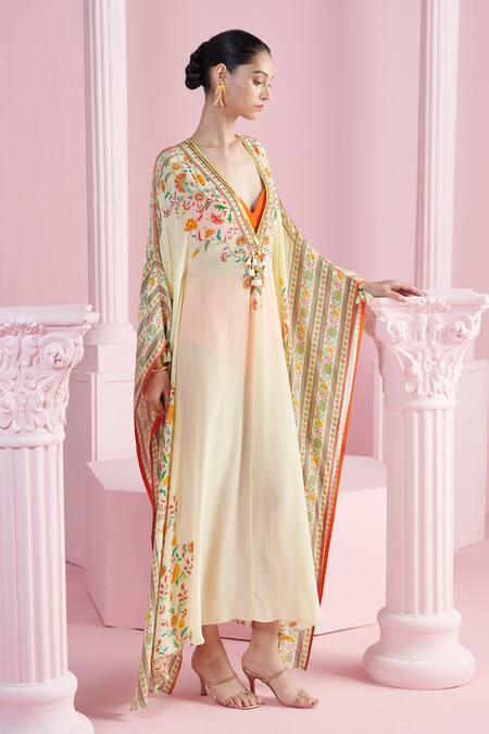 Buy_Mandira Wirk - Indian_Ivory Crepe Tassels, Beads Plunge Neck Iznik Print Kaftan With Bralette 