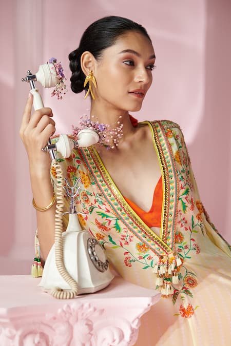 Shop_Mandira Wirk - Indian_Ivory Crepe Tassels, Beads Plunge Neck Iznik Print Kaftan With Bralette 