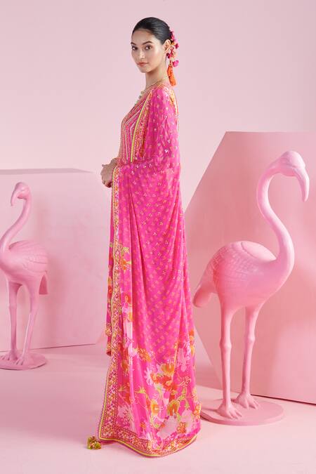 Mandira Wirk - Indian_Pink Chanderi, Chiffon, Cotton Cut Work, Farida Blossom Cluster Print Kurta Set _Online_at_Aza_Fashions
