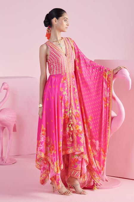 Buy_Mandira Wirk - Indian_Pink Chanderi, Chiffon, Cotton Cut Work, Farida Blossom Cluster Print Kurta Set _Online_at_Aza_Fashions