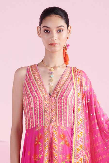 Shop_Mandira Wirk - Indian_Pink Chanderi, Chiffon, Cotton Cut Work, Farida Blossom Cluster Print Kurta Set _Online_at_Aza_Fashions