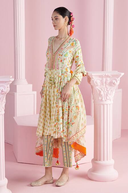Shop Mandira Wirk - Indian Ivory Organza, Chanderi Sequins, Beads Safiya Blossom Cluster Print Anarkali Set Online at Aza Fashions Shop_Mandira Wirk - Indian_Ivory Organza, Chanderi Sequins, Beads Safiya Blossom Cluster Print Anarkali Set _Online_at_Aza_Fashions
