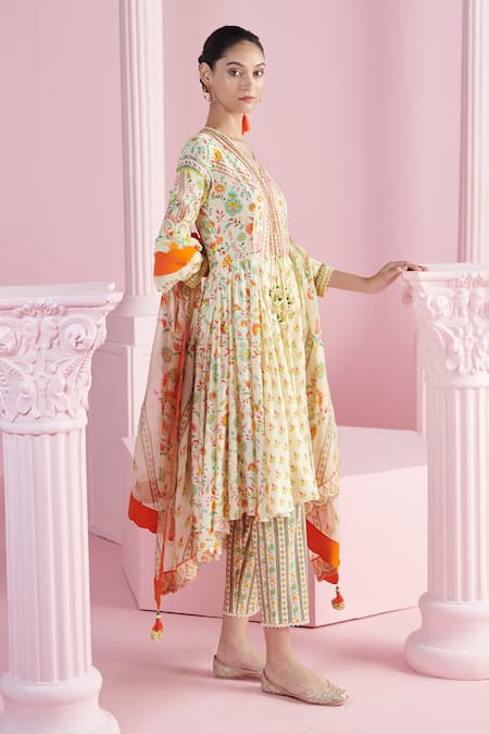Mandira Wirk - Indian Ivory Organza, Chanderi Sequins, Beads Safiya Blossom Cluster Print Anarkali Set at Aza Fashions Mandira Wirk - Indian_Ivory Organza, Chanderi Sequins, Beads Safiya Blossom Cluster Print Anarkali Set _at_Aza_Fashions