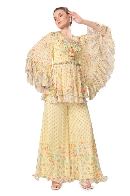 Mandira Wirk - Indian_Multi Color Chiffon Embroidery V-neck Iznik Print Peplum Top And Sharara Set_Online_at_Aza_Fashions