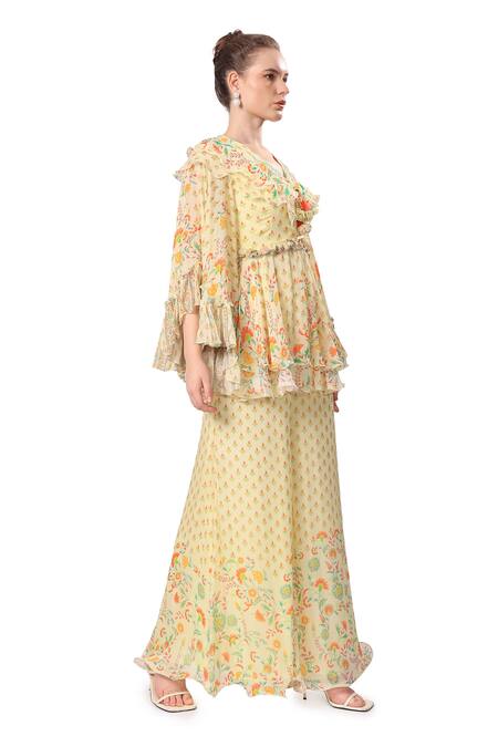 Buy_Mandira Wirk - Indian_Multi Color Chiffon Embroidery V-neck Iznik Print Peplum Top And Sharara Set_Online_at_Aza_Fashions