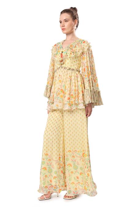 Shop_Mandira Wirk - Indian_Multi Color Chiffon Embroidery V-neck Iznik Print Peplum Top And Sharara Set_Online_at_Aza_Fashions