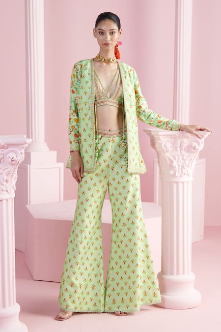 MANDIRA WIRK - Indian Green Chanderi Printed Floral Jacket Open Farah Sharara Set 