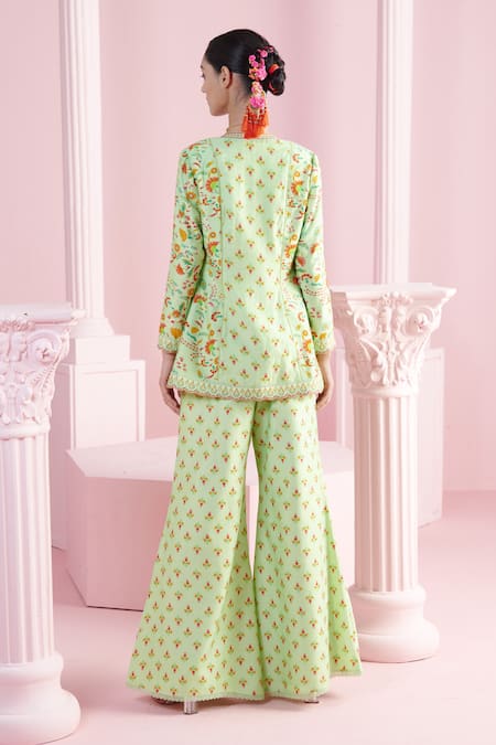 Shop_Mandira Wirk - Indian_Green Chanderi Embroidery Plunge Neck, Open Farah Printed Jacket Sharara Set _at_Aza_Fashions