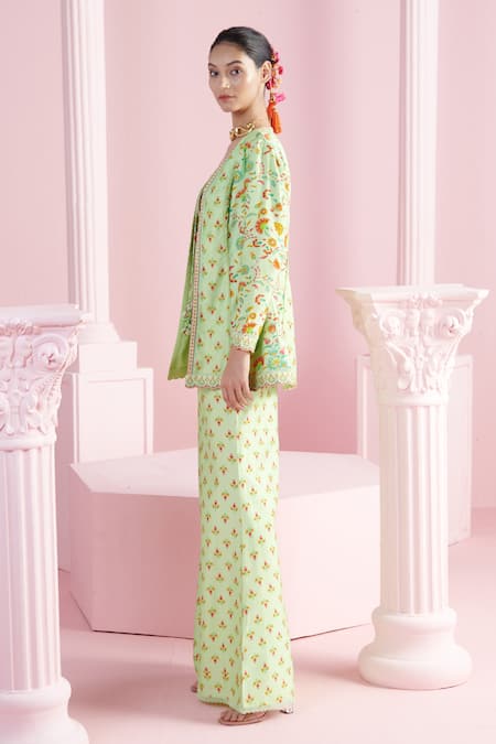 Mandira Wirk - Indian_Green Chanderi Embroidery Plunge Neck, Open Farah Printed Jacket Sharara Set _Online_at_Aza_Fashions