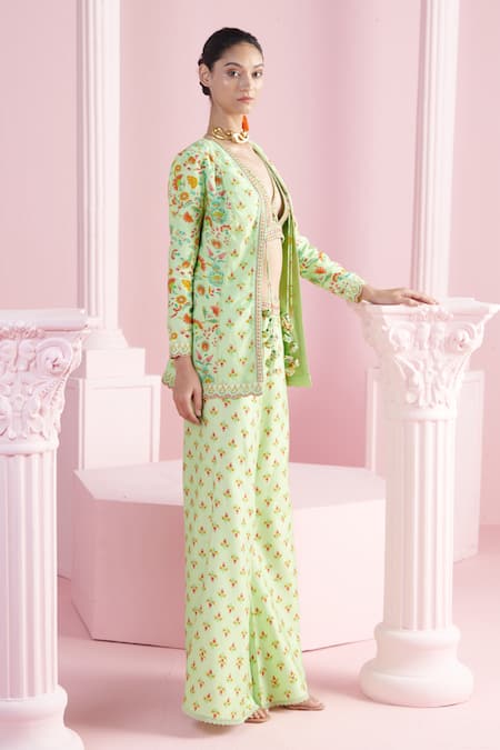 Buy_Mandira Wirk - Indian_Green Chanderi Embroidery Plunge Neck, Open Farah Printed Jacket Sharara Set _Online_at_Aza_Fashions