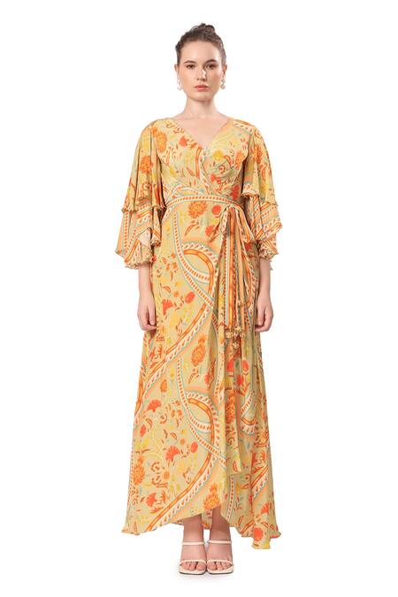 Mandira Wirk - Indian_Brown Crepe V-neck Zaina Floral Geometric Print Dress _Online_at_Aza_Fashions