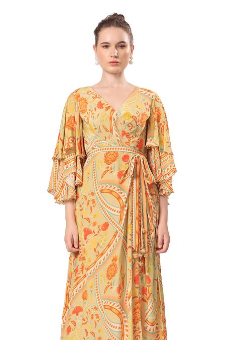 Buy_Mandira Wirk - Indian_Brown Crepe V-neck Zaina Floral Geometric Print Dress _Online_at_Aza_Fashions