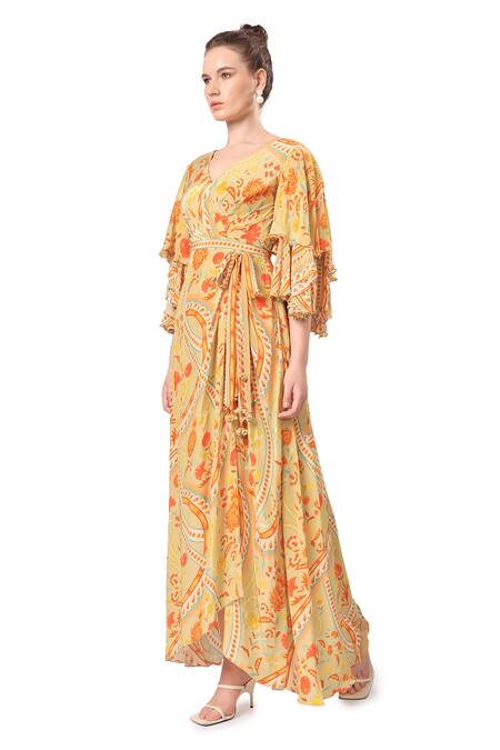 Shop_Mandira Wirk - Indian_Brown Crepe V-neck Zaina Floral Geometric Print Dress _Online_at_Aza_Fashions