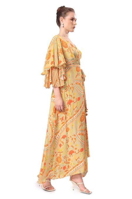 Mandira Wirk - Indian_Brown Crepe V-neck Zaina Floral Geometric Print Dress _at_Aza_Fashions