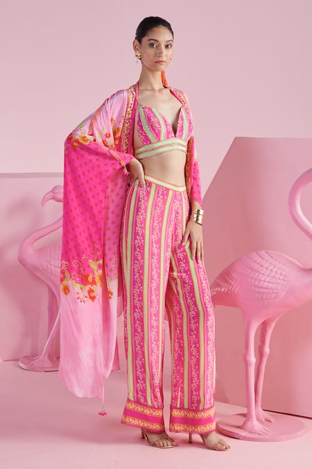 Shop_Mandira Wirk - Indian_Multi Color Crepe Embroidery Sweetheart Neck Floral Print Cape Pant Set _at_Aza_Fashions