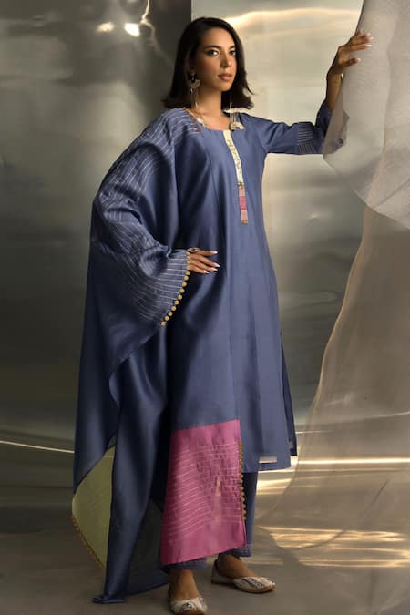 Charkhee Blue Kurta And Dupatta Chanderi Embroidered Zari Round Pant Set 