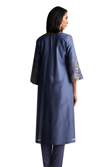 Charkhee Blue Kurta And Dupatta Chanderi Embroidered Zari Round Pant Set Online at Aza Fashions Charkhee_Blue Kurta And Dupatta Chanderi Embroidered Zari Round Pant Set _Online_at_Aza_Fashions