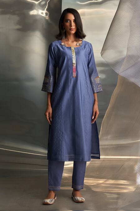 Buy Charkhee Blue Kurta And Dupatta Chanderi Embroidered Zari Round Pant Set Online at Aza Fashions Buy_Charkhee_Blue Kurta And Dupatta Chanderi Embroidered Zari Round Pant Set _Online_at_Aza_Fashions