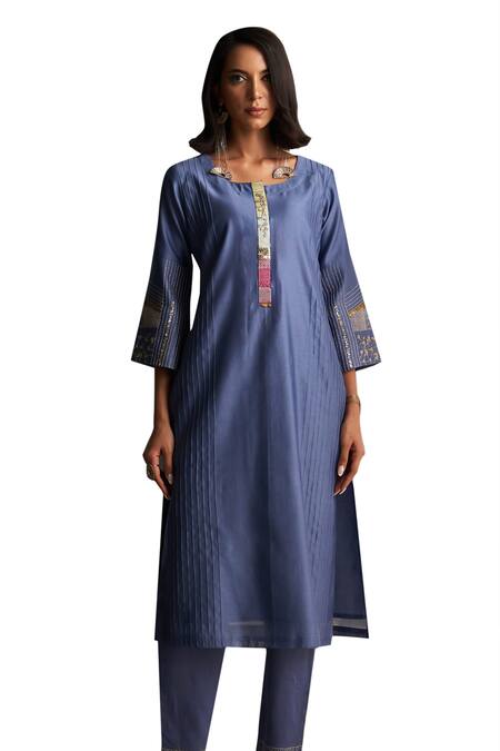 Shop Charkhee Blue Kurta And Dupatta Chanderi Embroidered Zari Round Pant Set Online at Aza Fashions Shop_Charkhee_Blue Kurta And Dupatta Chanderi Embroidered Zari Round Pant Set _Online_at_Aza_Fashions