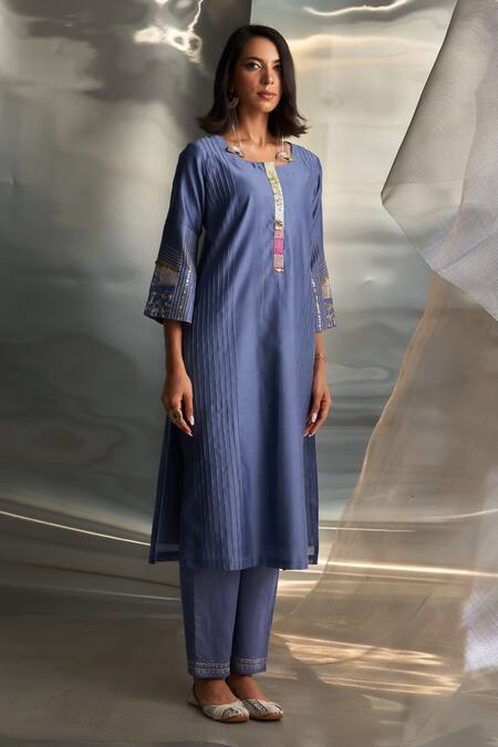 Charkhee Blue Kurta And Dupatta Chanderi Embroidered Zari Round Pant Set at Aza Fashions Charkhee_Blue Kurta And Dupatta Chanderi Embroidered Zari Round Pant Set _at_Aza_Fashions