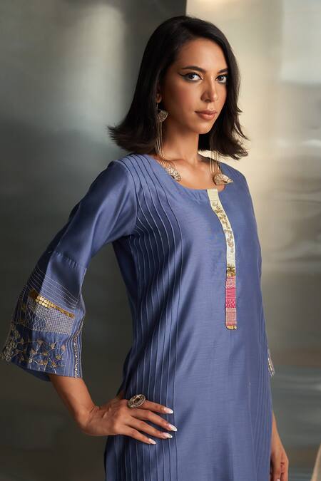 Buy Charkhee Blue Kurta And Dupatta Chanderi Embroidered Zari Round Pant Set Buy_Charkhee_Blue Kurta And Dupatta Chanderi Embroidered Zari Round Pant Set