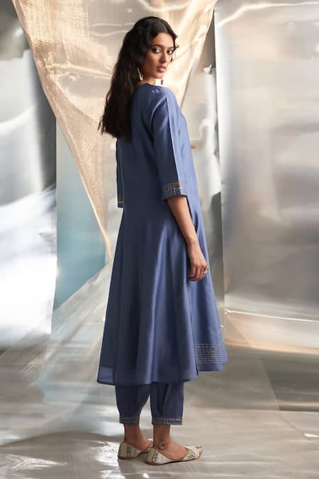 Charkhee Blue Kurta And Dupatta Chanderi Embroidered Zari Bodice Panelled Salwar Set Online at Aza Fashions Charkhee_Blue Kurta And Dupatta Chanderi Embroidered Zari Bodice Panelled Salwar Set _Online_at_Aza_Fashions