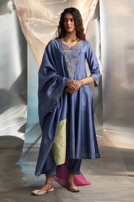 Charkhee Blue Kurta And Dupatta Chanderi Embroidered Zari Bodice Panelled Salwar Set at Aza Fashions Charkhee_Blue Kurta And Dupatta Chanderi Embroidered Zari Bodice Panelled Salwar Set _at_Aza_Fashions