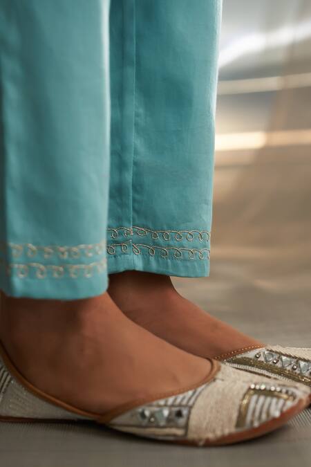 Charkhee Blue Kurta And Dupatta Chanderi Embroidered Zari Notched Bodice Pant Set at Aza Fashions Charkhee_Blue Kurta And Dupatta Chanderi Embroidered Zari Notched Bodice Pant Set _at_Aza_Fashions