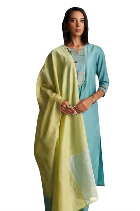 Buy Charkhee Blue Kurta And Dupatta Chanderi Embroidered Zari Notched Bodice Pant Set Buy_Charkhee_Blue Kurta And Dupatta Chanderi Embroidered Zari Notched Bodice Pant Set