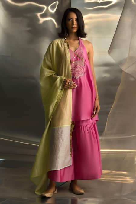 Charkhee Pink Kurta And Dupatta Chanderi Embroidered Zari Halter Neck Sharara Set 