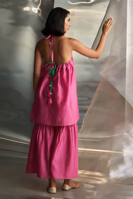 Buy Charkhee Pink Kurta And Dupatta Chanderi Embroidered Zari Halter Neck Sharara Set Online at Aza Fashions Buy_Charkhee_Pink Kurta And Dupatta Chanderi Embroidered Zari Halter Neck Sharara Set _Online_at_Aza_Fashions