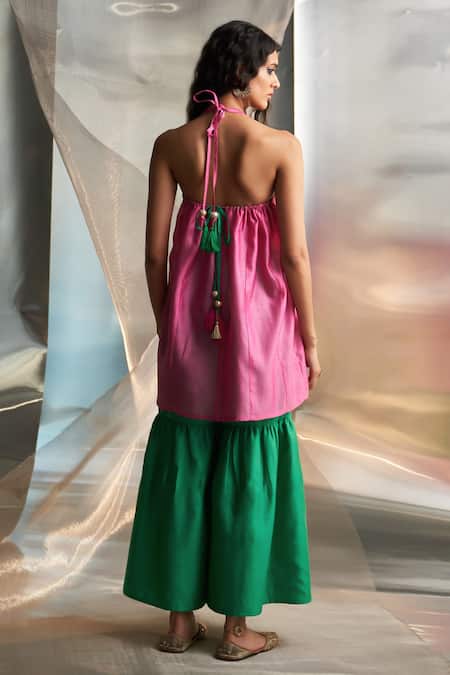 Shop Charkhee Pink Kurta And Dupatta Chanderi Embroidered Zari Halter Neck Sharara Set at Aza Fashions Shop_Charkhee_Pink Kurta And Dupatta Chanderi Embroidered Zari Halter Neck Sharara Set _at_Aza_Fashions