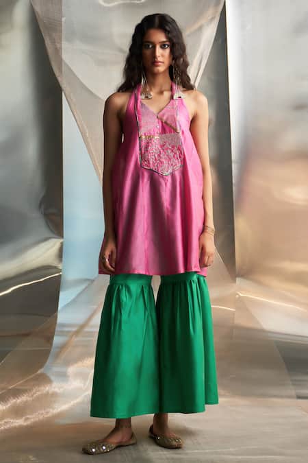 Shop Charkhee Pink Kurta And Dupatta Chanderi Embroidered Zari Halter Neck Sharara Set Online at Aza Fashions Shop_Charkhee_Pink Kurta And Dupatta Chanderi Embroidered Zari Halter Neck Sharara Set _Online_at_Aza_Fashions