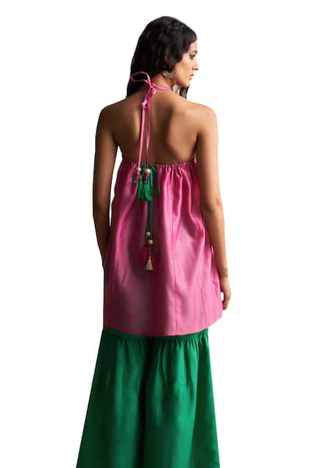 Buy Charkhee Pink Kurta And Dupatta Chanderi Embroidered Zari Halter Neck Sharara Set Buy_Charkhee_Pink Kurta And Dupatta Chanderi Embroidered Zari Halter Neck Sharara Set