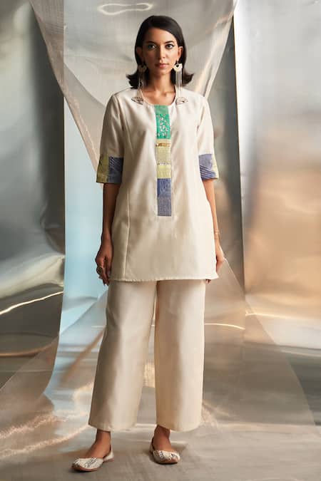 Charkhee Ivory Chanderi Embroidered Zari Round Short Kurta Pant Set Online at Aza Fashions Charkhee_Ivory Chanderi Embroidered Zari Round Short Kurta Pant Set _Online_at_Aza_Fashions