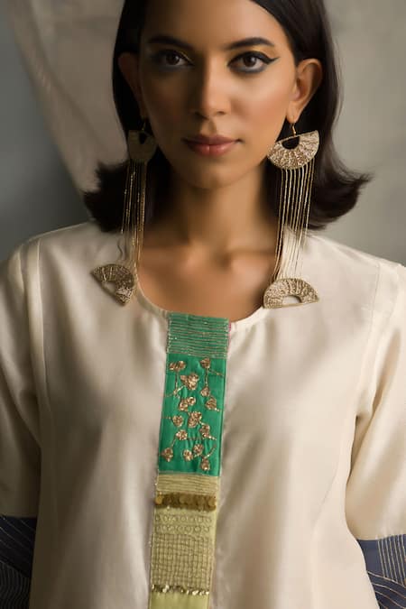 Charkhee Ivory Chanderi Embroidered Zari Round Short Kurta Pant Set at Aza Fashions Charkhee_Ivory Chanderi Embroidered Zari Round Short Kurta Pant Set _at_Aza_Fashions