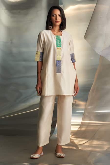 Buy Charkhee Ivory Chanderi Embroidered Zari Round Short Kurta Pant Set Buy_Charkhee_Ivory Chanderi Embroidered Zari Round Short Kurta Pant Set