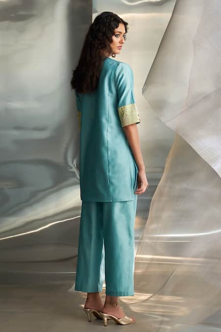 Shop Charkhee Blue Chanderi Embroidered Zari Round Short Kurta Pant Set at Aza Fashions Shop_Charkhee_Blue Chanderi Embroidered Zari Round Short Kurta Pant Set _at_Aza_Fashions