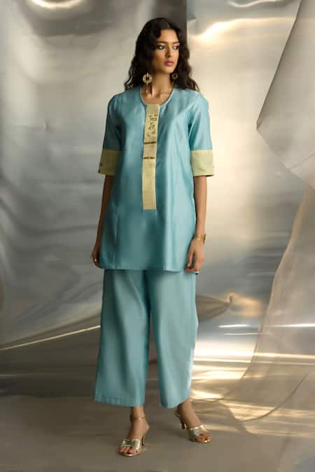 Charkhee Blue Chanderi Embroidered Zari Round Short Kurta Pant Set Online at Aza Fashions Charkhee_Blue Chanderi Embroidered Zari Round Short Kurta Pant Set _Online_at_Aza_Fashions
