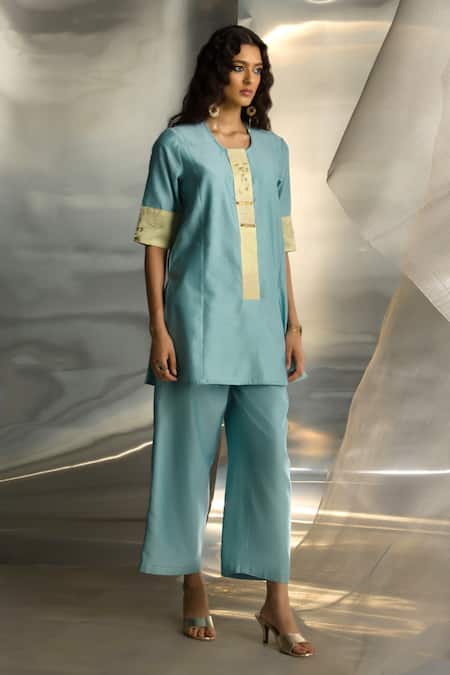 Shop Charkhee Blue Chanderi Embroidered Zari Round Short Kurta Pant Set Online at Aza Fashions Shop_Charkhee_Blue Chanderi Embroidered Zari Round Short Kurta Pant Set _Online_at_Aza_Fashions