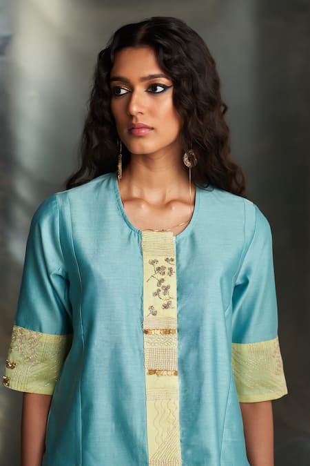 Charkhee Blue Chanderi Embroidered Zari Round Short Kurta Pant Set at Aza Fashions Charkhee_Blue Chanderi Embroidered Zari Round Short Kurta Pant Set _at_Aza_Fashions