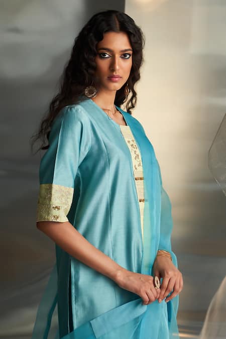 Buy Charkhee Blue Chanderi Embroidered Zari Round Short Kurta Pant Set Buy_Charkhee_Blue Chanderi Embroidered Zari Round Short Kurta Pant Set