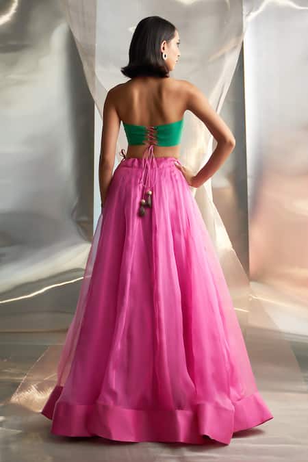 Shop Charkhee Pink Chanderi, Organza Sequins, Solid Lehenga Embroidered Cut-out Blouse Set at Aza Fashions Shop_Charkhee_Pink Chanderi, Organza Sequins, Solid Lehenga Embroidered Cut-out Blouse Set _at_Aza_Fashions