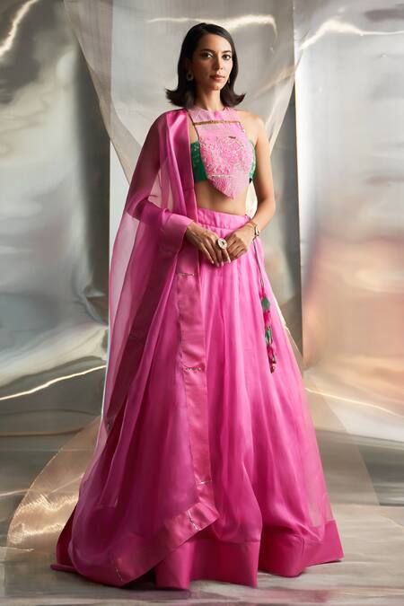 Charkhee Pink Chanderi, Organza Sequins, Solid Lehenga Embroidered Cut-out Blouse Set Online at Aza Fashions Charkhee_Pink Chanderi, Organza Sequins, Solid Lehenga Embroidered Cut-out Blouse Set _Online_at_Aza_Fashions