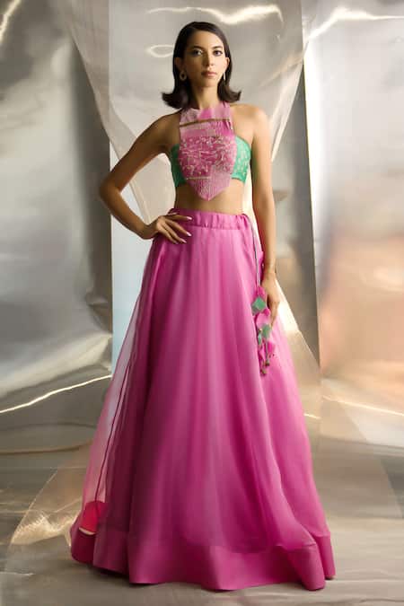 Shop Charkhee Pink Chanderi, Organza Sequins, Solid Lehenga Embroidered Cut-out Blouse Set Online at Aza Fashions Shop_Charkhee_Pink Chanderi, Organza Sequins, Solid Lehenga Embroidered Cut-out Blouse Set _Online_at_Aza_Fashions