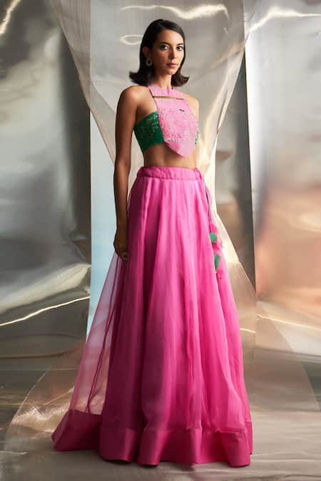 Charkhee Pink Chanderi, Organza Sequins, Solid Lehenga Embroidered Cut-out Blouse Set at Aza Fashions Charkhee_Pink Chanderi, Organza Sequins, Solid Lehenga Embroidered Cut-out Blouse Set _at_Aza_Fashions