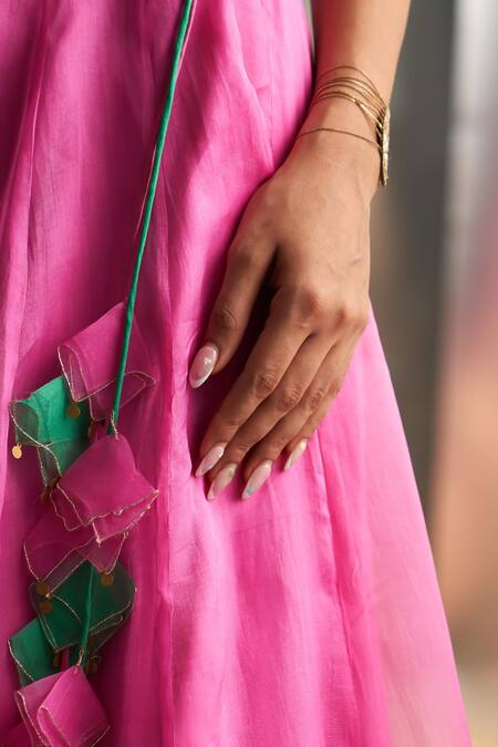 Buy Charkhee Pink Chanderi, Organza Sequins, Solid Lehenga Embroidered Cut-out Blouse Set Buy_Charkhee_Pink Chanderi, Organza Sequins, Solid Lehenga Embroidered Cut-out Blouse Set