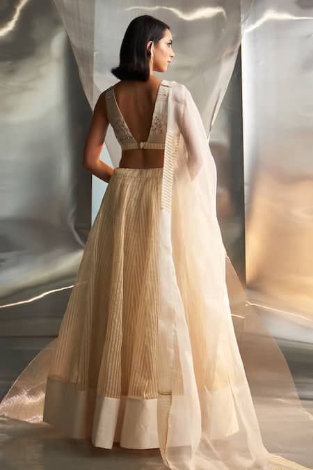 Charkhee Woven Striped Lehenga Embroidered Blouse Set 